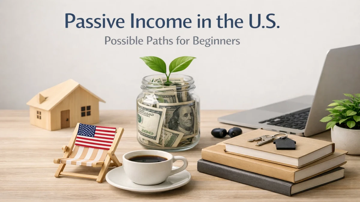 A clean and modern workspace scene illustrating passive income concepts in the United States, featuring a glass jar filled with U.S. dollar bills and a small green plant growing from it, symbolizing financial growth. Surrounding the jar are a miniature house model, a small American flag on a beach chair, a cup of coffee, stacked books with keys on top, and a laptop, all arranged on a wooden desk. The composition conveys financial planning, real estate investment, and digital income opportunities, aligned with practical investment tips for beginners.