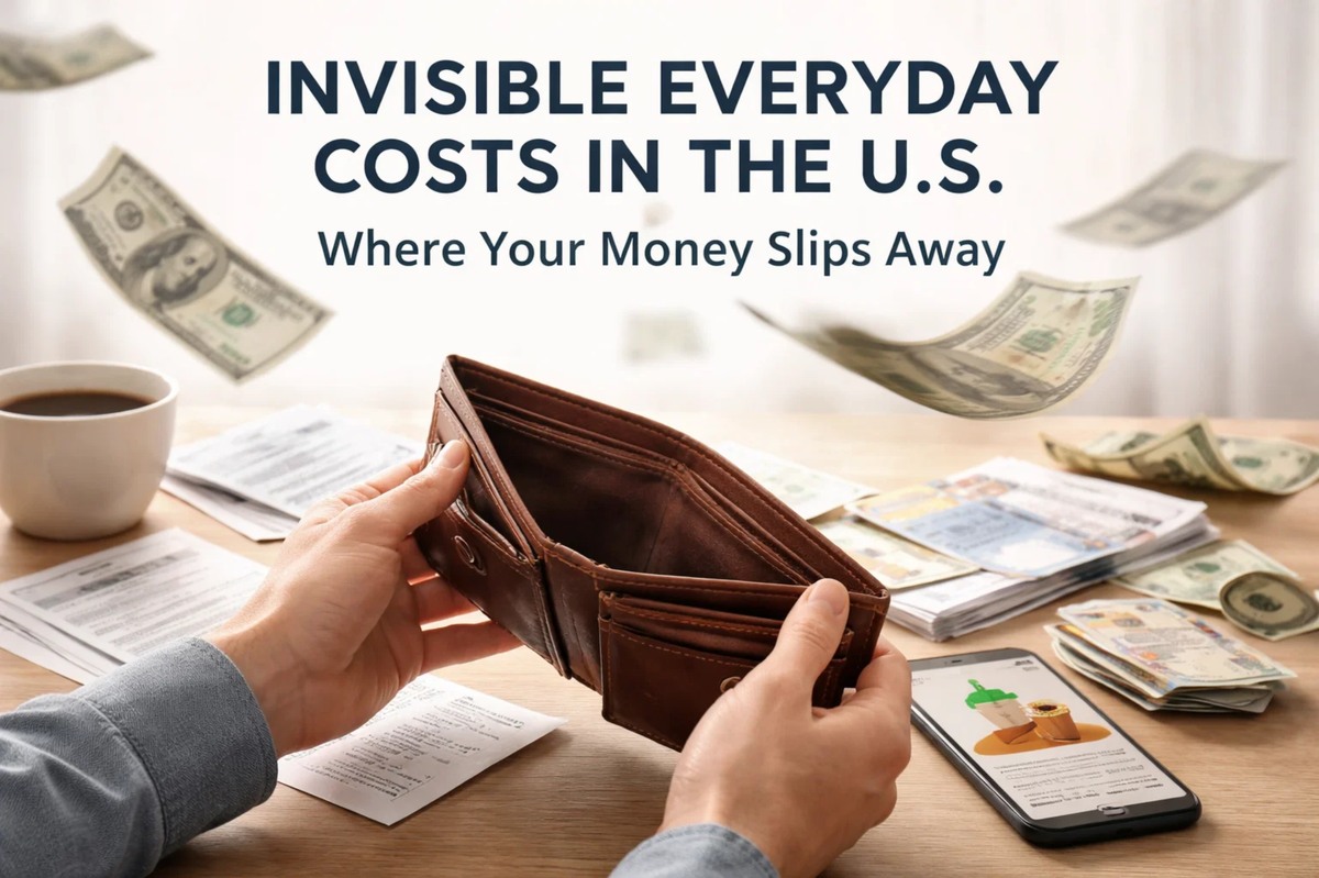 A person holding an open wallet with little cash inside, surrounded by scattered dollar bills, receipts, and a smartphone displaying expenses on a table, illustrating hidden daily spending and personal budgeting challenges in the United States, concept of finance tips and money management.