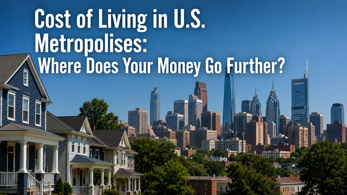 Minimalist realistic image showing a quiet suburban neighborhood with modern American houses in the foreground and a large metropolitan skyline in the background under a clear blue sky. Large white headline text overlays the image reading ‘Cost of Living in U.S. Metropolises: Where Does Your Money Go Further?’. The composition highlights the contrast between suburban affordability and urban living in the United States, conveying personal budgeting and finance tips themes.