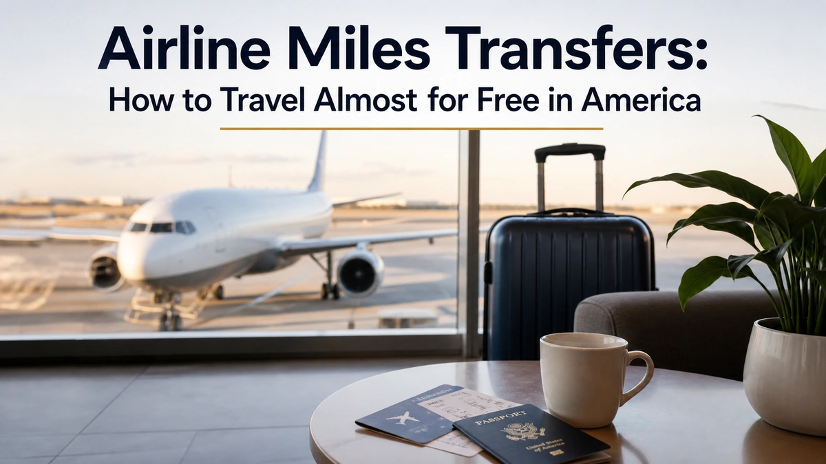 Minimalist and realistic airport lounge scene featuring a large airplane visible through terminal windows, a black carry-on suitcase, passport, boarding pass, and coffee cup on a table. At the top, the title “Airline Miles Transfers: How to Travel Almost for Free in America” appears in bold typography. Clean composition with soft natural lighting and modern travel atmosphere, illustrating airline miles strategies and credit card tips for affordable travel in the United States.